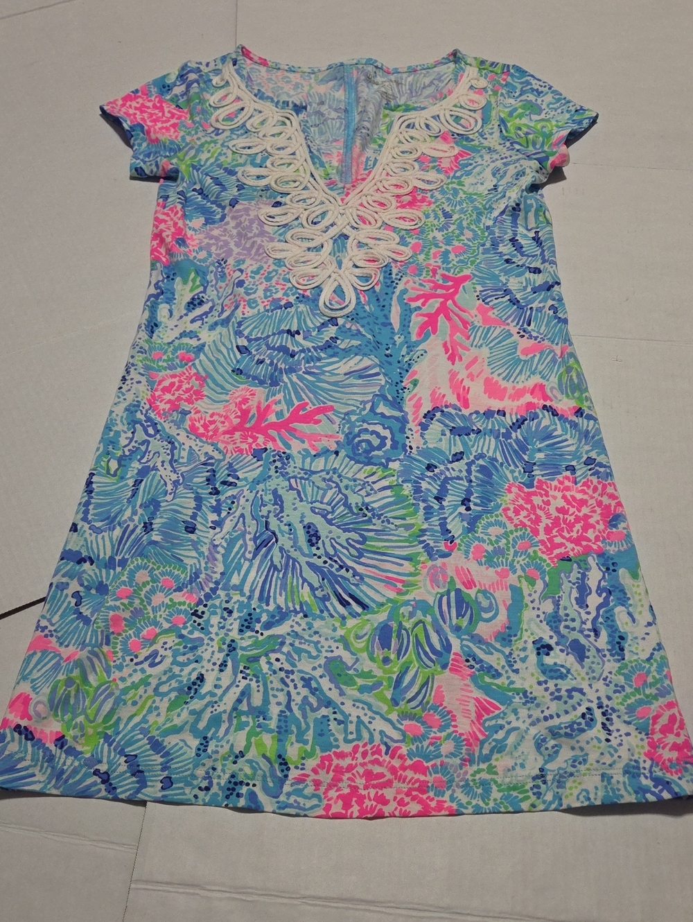 Lilly Pulitzer Pink, Blue & Green Coral-Print Dress with Lace V-Neck